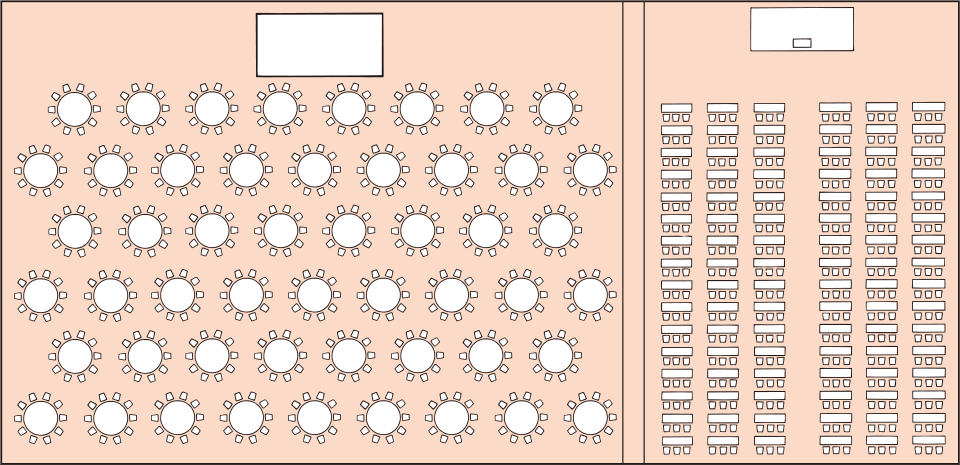 2/3 rooms  Seated  600 people and 1/3 rooms  Classroom  300 people.